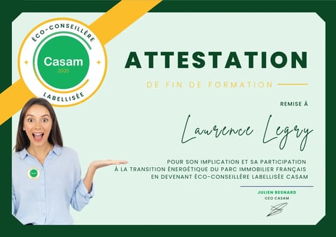 Attestation CASAM de Laurence Legry, éco-conseillère en rénovation énergétique